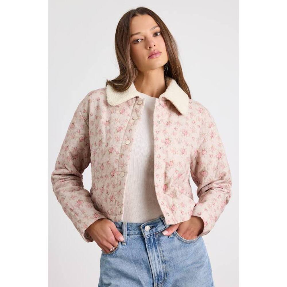 Lulus Montera Blush Pink Floral Quilted Barn Jacket - Size M